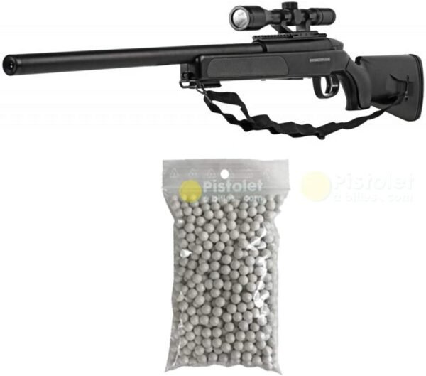 Pack complet Airsoft Sniper Swiss Arms Eagle/Sniper à Ressort/ABS/Rechargement Manuel (0.5 Joule)-Livré avec 600 Billes