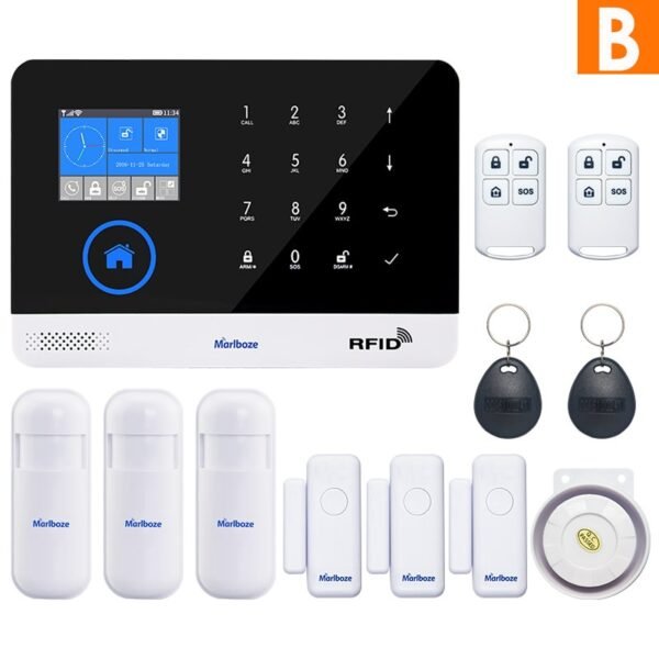 Marlboze EN RU ES PL DE Switchable Wireless Home Security WIFI GSM GPRS Alarm system APP Remote Control RFID card Arm Disarm